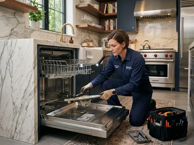 Appliance Repair Hero technician servicing a built-in dishwasher in a Bennett, NC kitchen