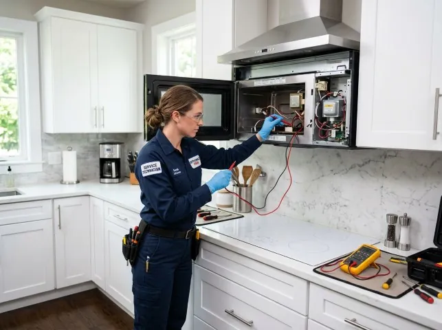 Appliance Repair Hero technician testing an over-the-range microwave in a Bennett, NC kitchen