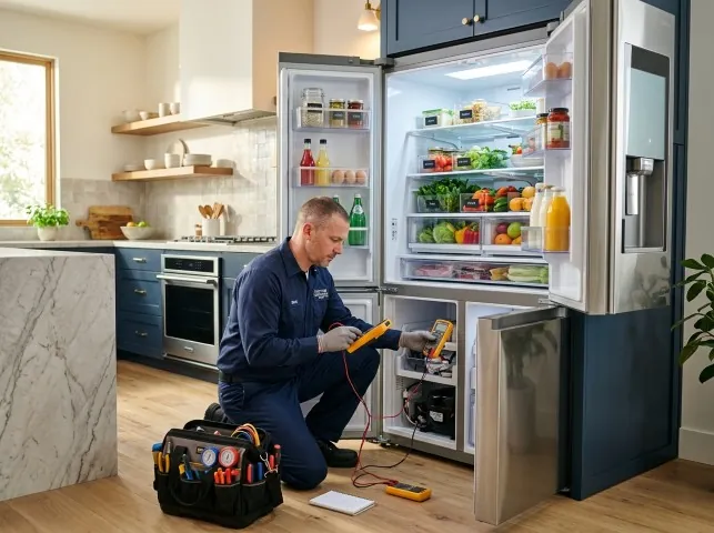 Appliance Repair Hero refrigerator technician testing a fridge on a Bennett, NC service call
